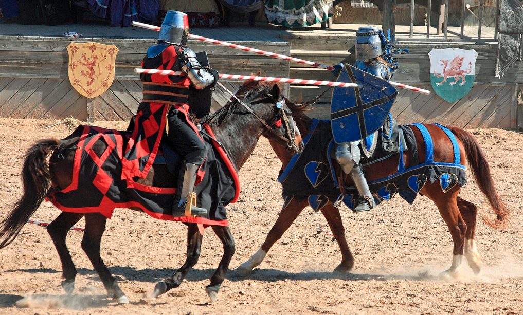 a man in armor riding a horse with a pole in front of him