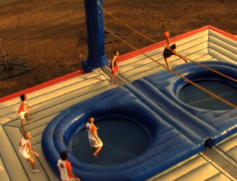 Bossaball mixes furious acrobatics with volleyball and soccer
